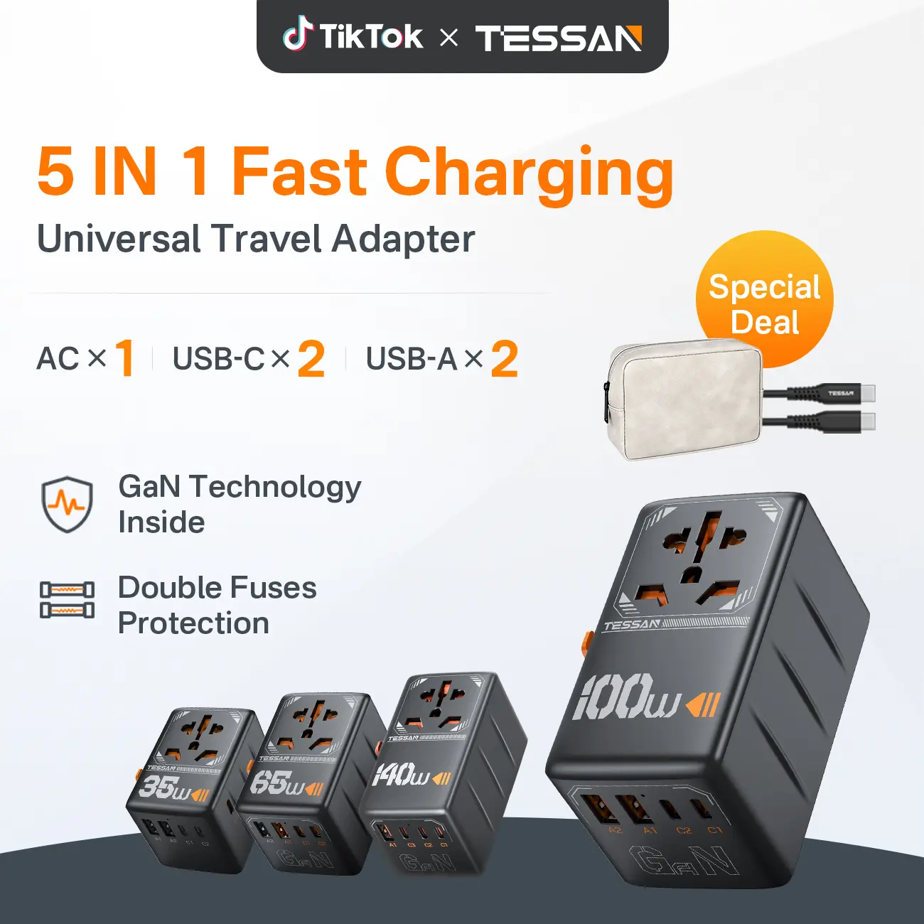 【Tessan Special】TESSAN Universal Travel Adapter, 35W/65W/100W/140W Fast Charger International Plug Adaptor with Multiple USB-A/Type C Charging Ports