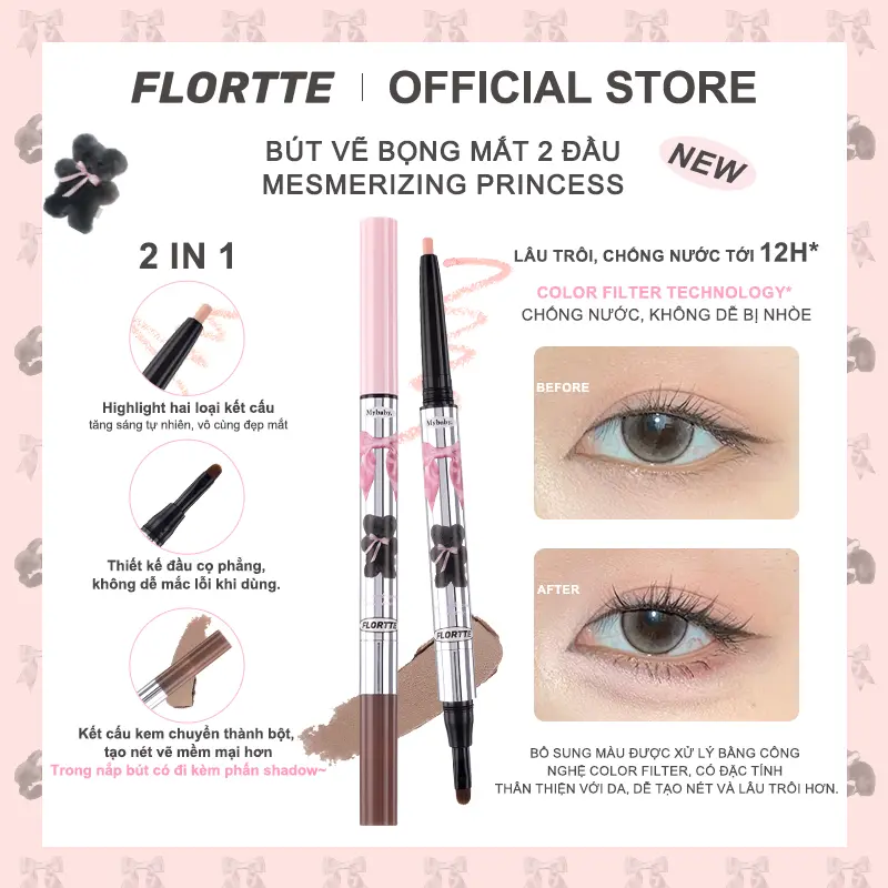 Flortte Mesmerizing Princess--- 4 màu bút tạo bọng mắt, thiết kế hai đầu, bao gồm tạo khối và làm sáng, mỹ phẩm dành cho nữ sinh,  sản phẩm trang điểm mắt