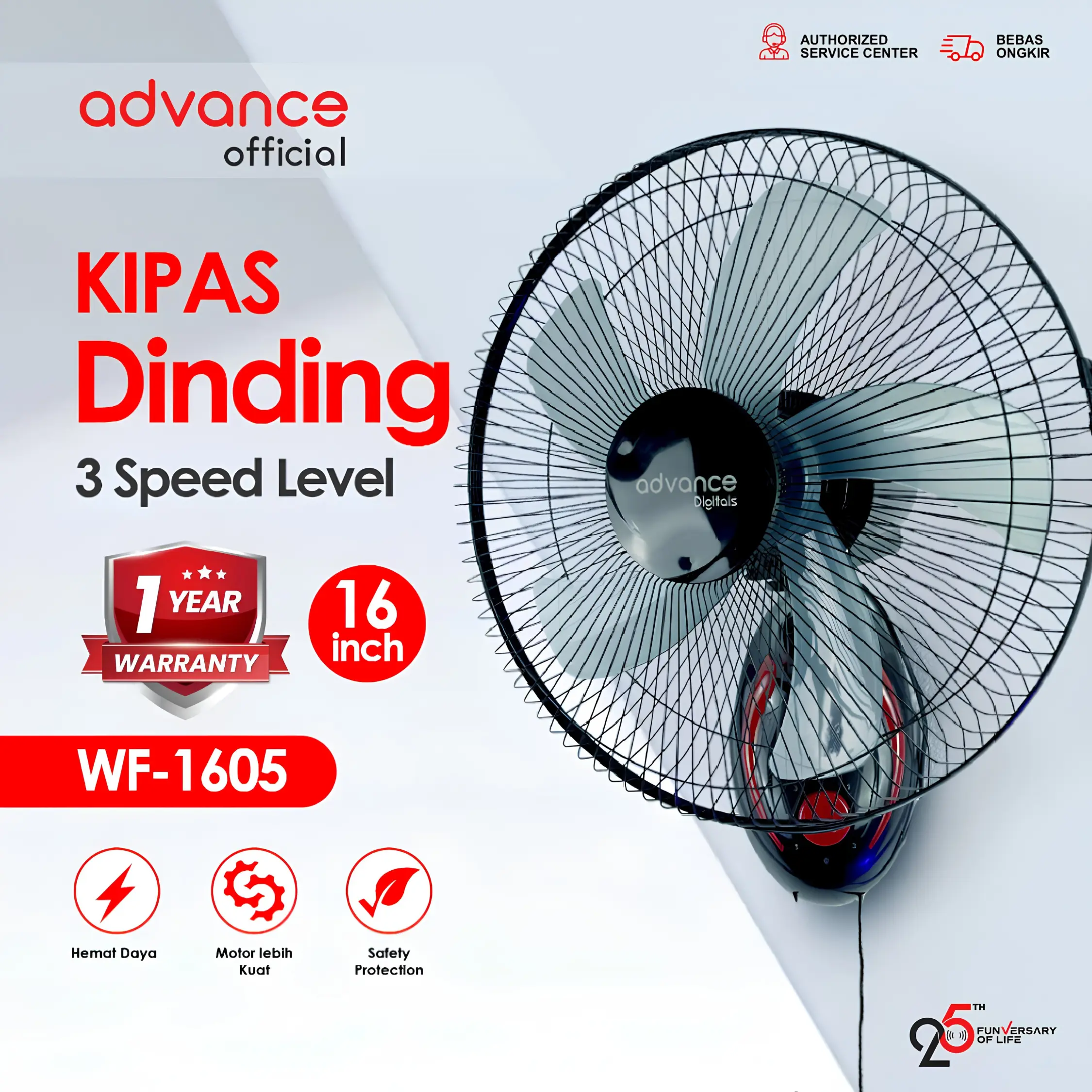 【COD】Advance WF-1605 Kipas Angin Dinding 40 Watt 16 inch 5 Baling baling Garansi Resmi 1 Tahun