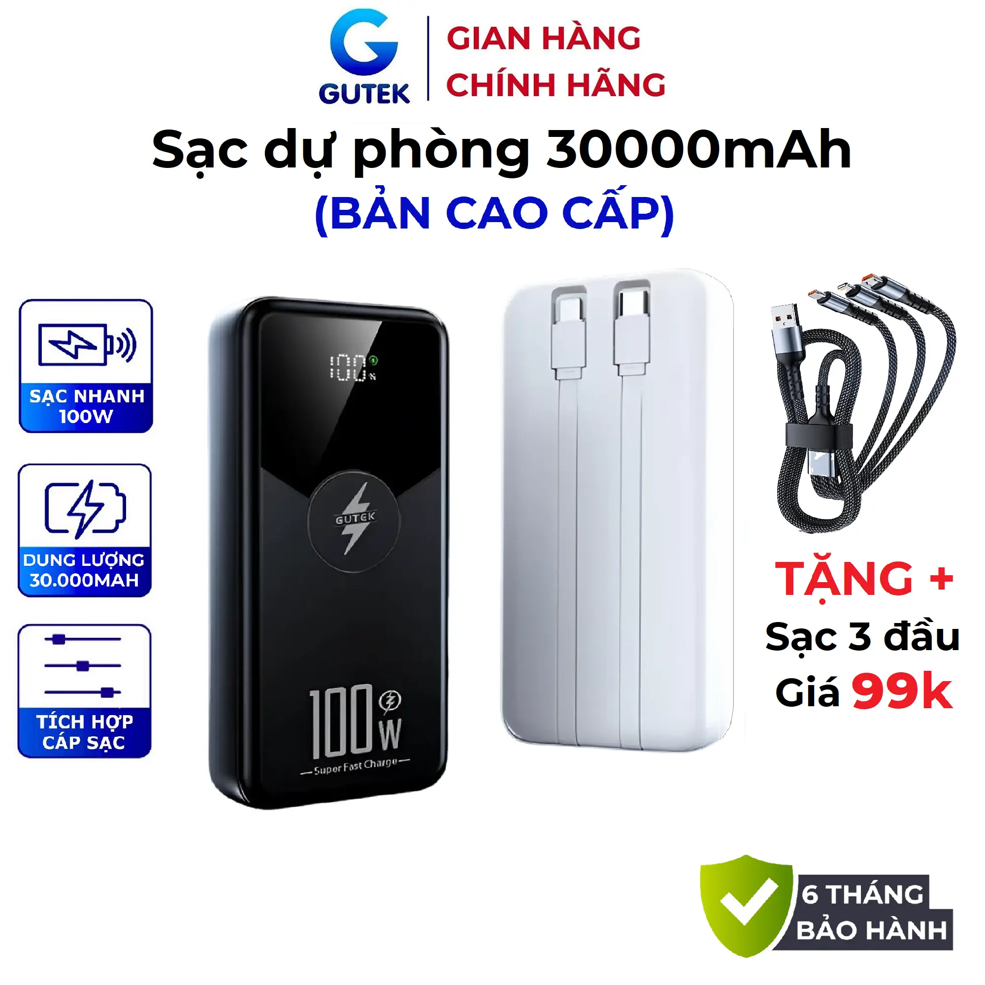 [Tặng sạc 3 đầu] Pin sạc dự phòng Gutek GT229 dung lượng 30000mAh, tích hợp dây cáp sạc nhanh 100W/PD20W