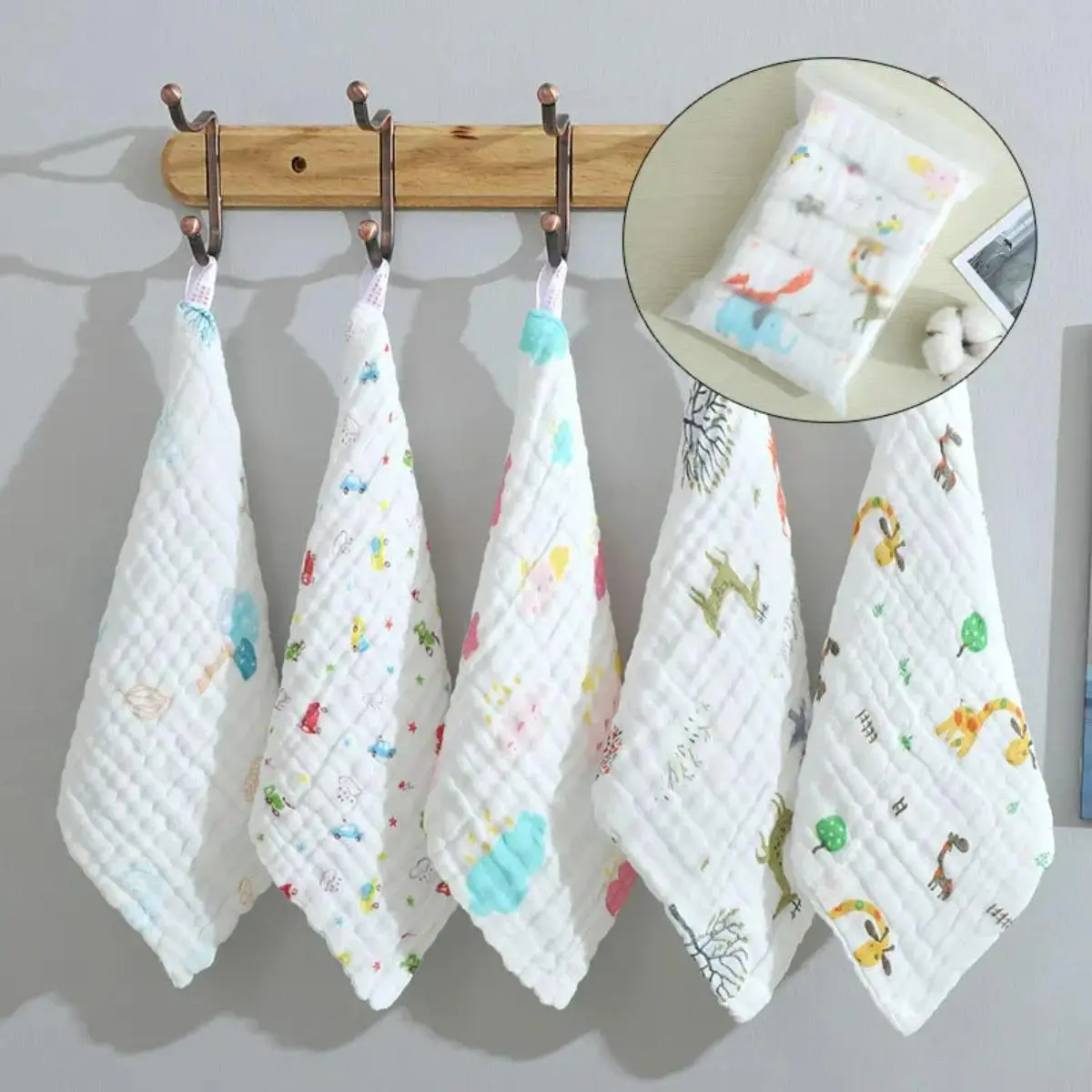 5 PCS/Set 30*30CM Baby Square Towel Washed Seersucker 6 Layer Infant Saliva Towel Baby Pleated Face Towel Hand Towel Free Stuff
