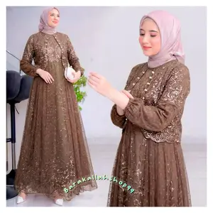 Dress Friska Pakaian Wanita Kekinian Gamis Kondangan Tulle Dresses Busui Friendly Gamis Simple Baju Muslim Jumbo Maxi Lebaran Keluarga Kombinasi Layer Motif Mutiara Tile Gaun Brokat