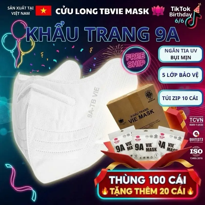 5 LỚP 100 TẶNG 20 Khẩu trang 9A TBVIE MASK Kháng Khuẩn Chống Nắng Bụi Mịn Túi Zip 10 Cái Màu Sắc Đa Dạng Cho Người Lớn - 1
