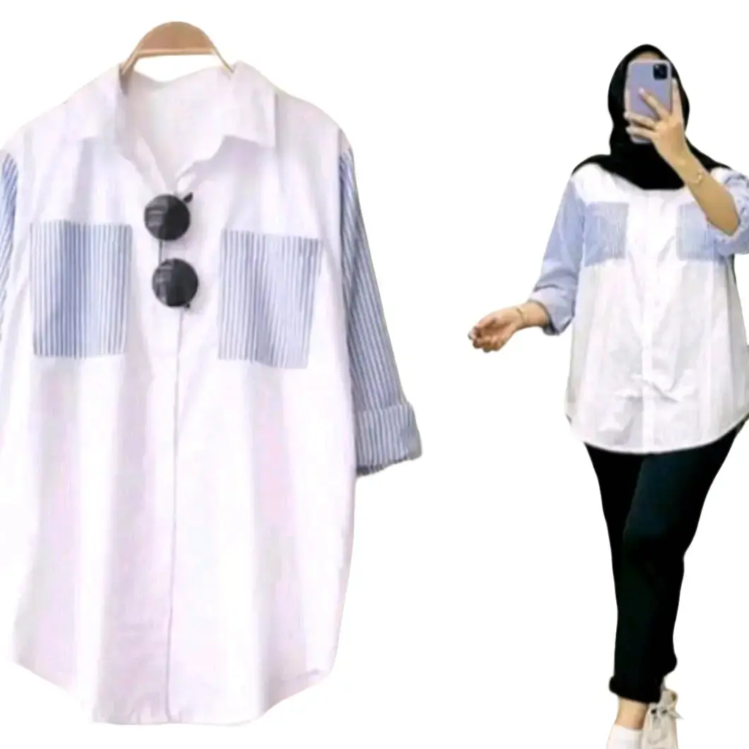 Kemeja garis garis atasan wanita dewasa tunik salur Mariska Kemeja Import Bangkok Wanita Kombinasi Salur Polosan Cey Cringkel Air Flow