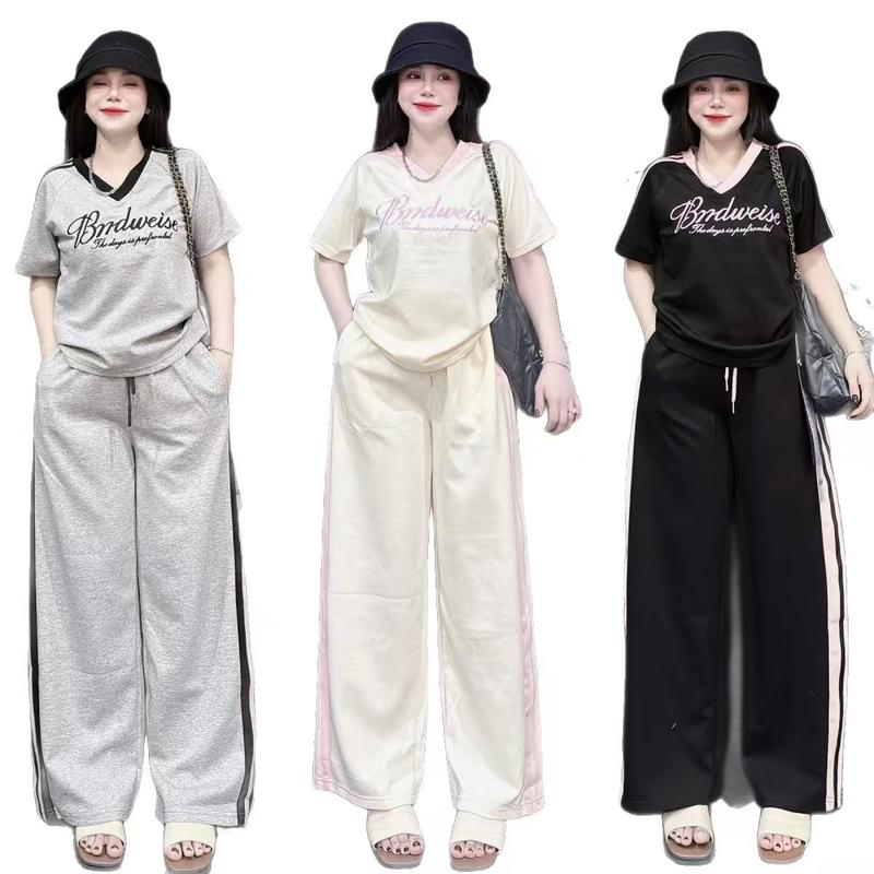 MOTHING HOUSE American Style Fashion Women's Letter V-neck Embroidered Short-sleeved Side-striped High-waisted Wide-leg Pants Loose Casual Two-piece Set