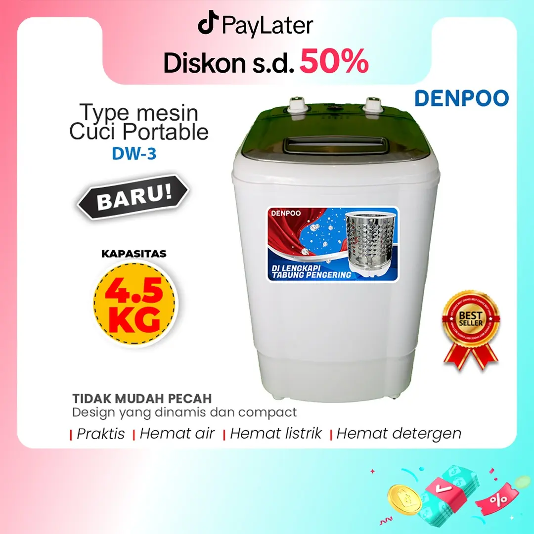 MESIN CUCI PORTABLE MINI DENPOO DW 3 KAPASITAS 4.5 KG Pengering