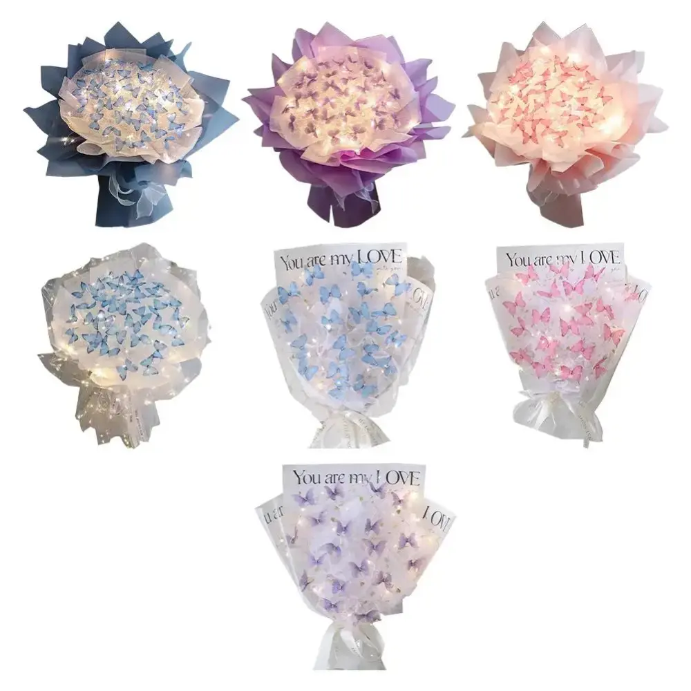 with Light String Butterfly Bouquets Creative Butterflies Handmade Flower Material Package DIY Multicolor Homemade Flowers for Valentine's Day