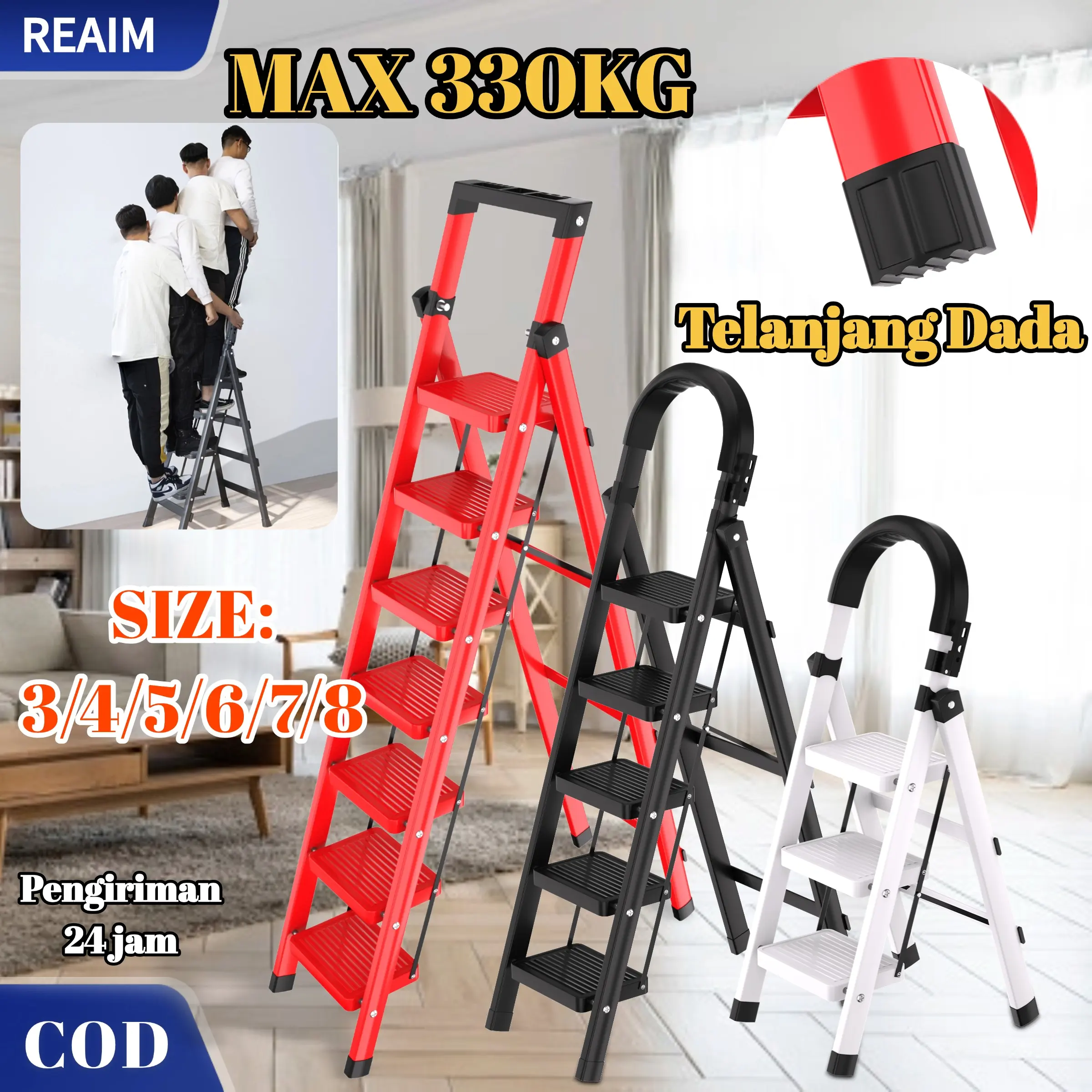 REAIM Besi Tangga Lipat Baja Karbon 330KG 3/4/5/6/7 Langkah Tangga Lipat Multifungsi dan Multiwarna untuk Rumah/Dekorasi Kokoh dan Tahan Lama, Aman dan Stabil, Dapat Ditarik, Hemat Tempat Hitam Besi ladder tanggal ipat Putih Rak Merah