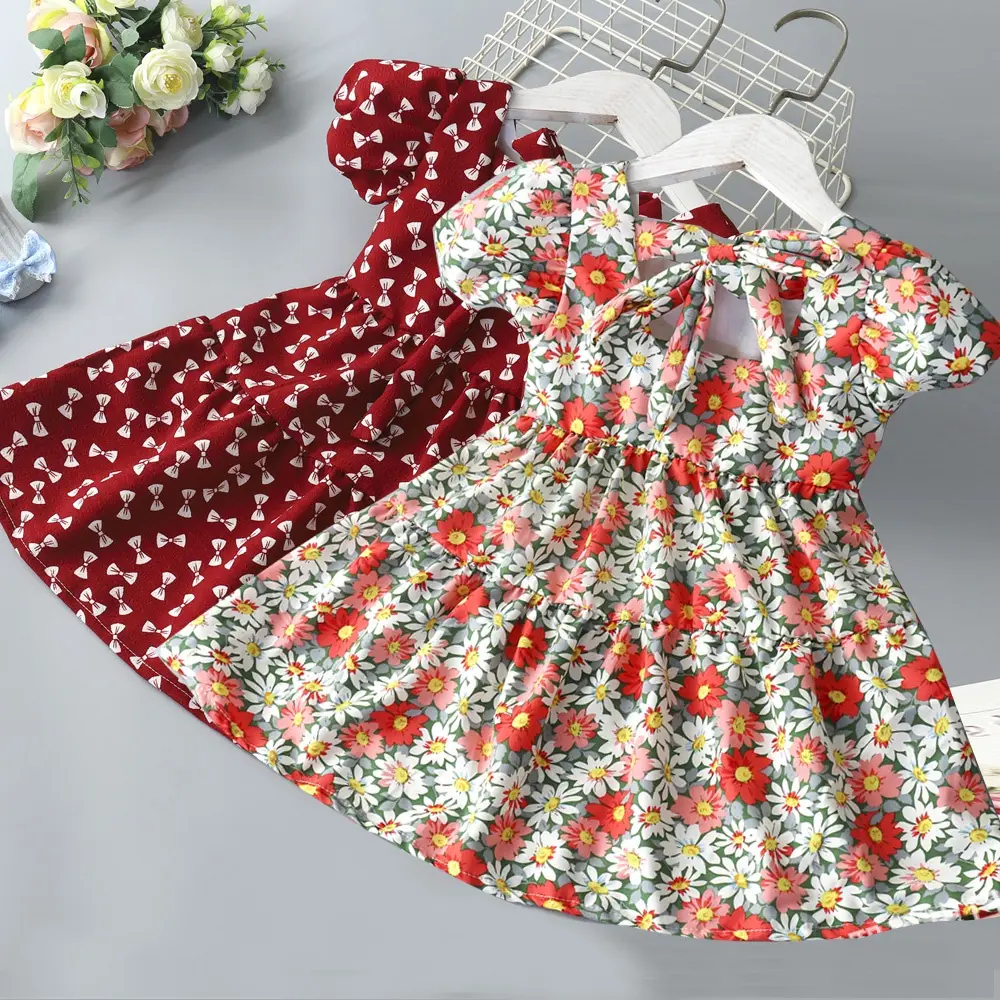 Baby Girl Dress Floral Pattern Cute Puff Sleeve Princess Dress 2-6 Years Old