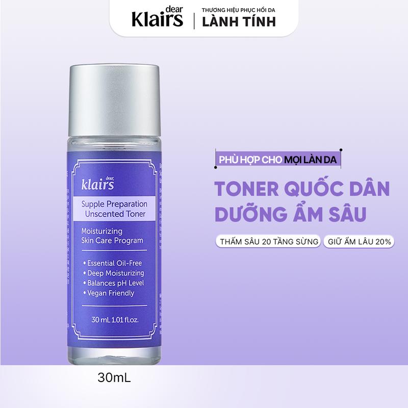Nước hoa hồng Dear, Klairs Supple Preparation Unscented Toner hỗ trợ phục hồi 30ml