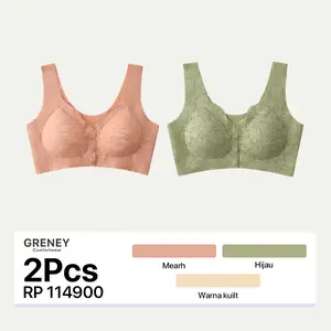 GRENEY-L.W.L-(2PCS)Bra Rompi Renda Kancing Depan Pakaian Dalam Push Up Bh Bra Wanita Sport Tanpa Kawat Wireless Busa-89697/90014