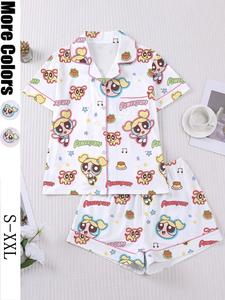 Conjunto de pijama para mujer con estampado “Flying Girl”, top suave abotonado de manga corta y shorts holgados elásticos, ropa casual para uso diario en casa