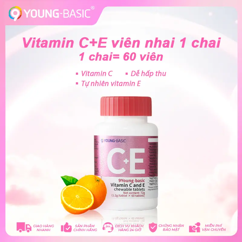 9YOUNG-BASIC MOH chứng nhận  vitamin C+E viên nhai 1 chai,tổng cộng 1.2g x 60 viên, 1 viên chứa  Vitamin C 27.8 mg, Tự nhiên vitamin E 2.82 mg, Bổ sung vitamin C ,Tự nhiên vitamin E， vitamin tổng hợp | Tỷ lệ khoa học |  Đáp ứng nhu cầu hàng ngày
