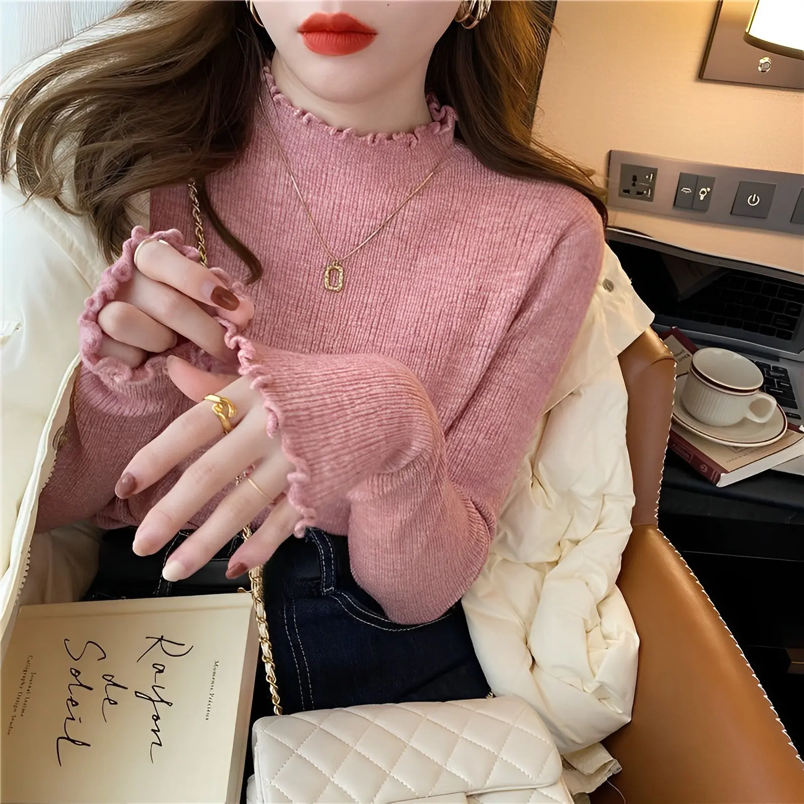 Áo Len Phong Cách Hàn Quốc, Thiết Kế Ngọt Ngào Dành Cho Mùa Thu, Dáng Ôm, Dệt Kim, Tay Áo Trơn Màu, Cổ Áo Nửa, Thời Trang, 2022paillette, l2024 Nữ Top Women