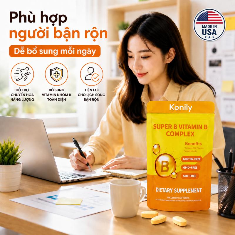[Konily] Công thức phức hợp viên vitamin B | Cung cấp 8 loại vitamin B | Hỗ trợ phục hồi da | Giảm mệt mỏi | Tăng năng lượng, đối phó với những ngày tràn đầy năng lượng | Đóng gói dạng túi, 120 viên
