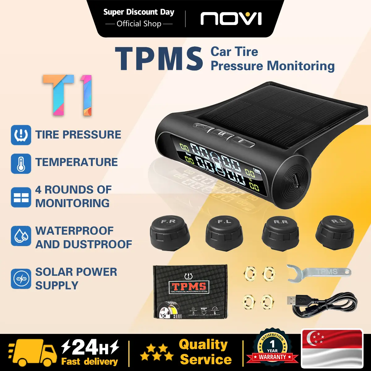 Smart Car TPMS Tyre Solar Pressure Monitoring LCD Warning System Monitor Tire Pressure Alarm Monitor +4 External Senor