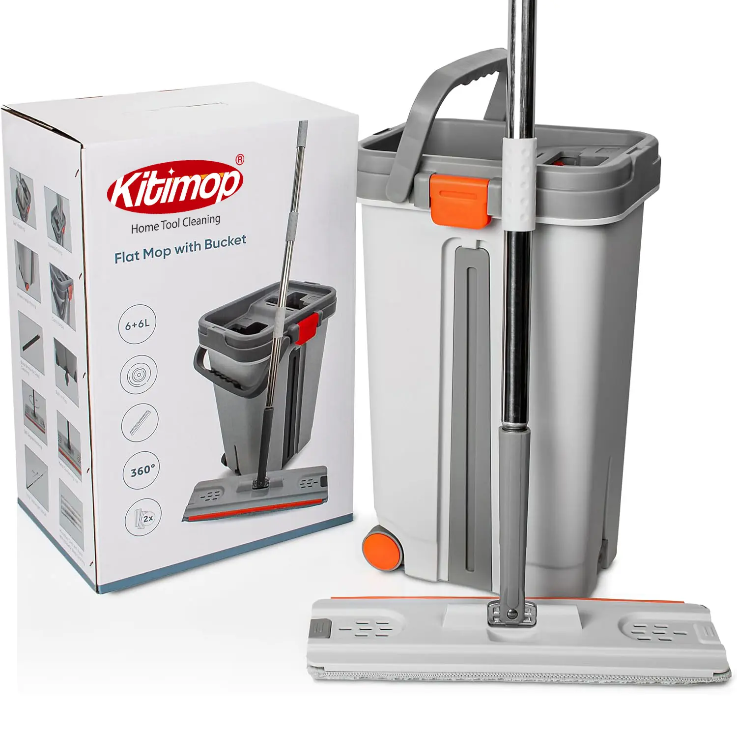 Bộ Cây Lau Nhà KITIMOP PRO MAX - Thùng Lau Nhà Tự Vắt Thông Minh, Chổi Lau Nhà Xoay 360 Độ, Lau Sàn Làm Sạch