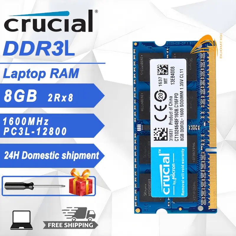 RAM DDR3L máy tính xách tay Crucial, có sẵn trong 1 CÁI, 2 CÁI, 4 CÁI và 10 CÁI, 8GB 1600MHz, PC3L-12800S, 1.35V, 2Rx8, bộ nhớ SO-DIMM