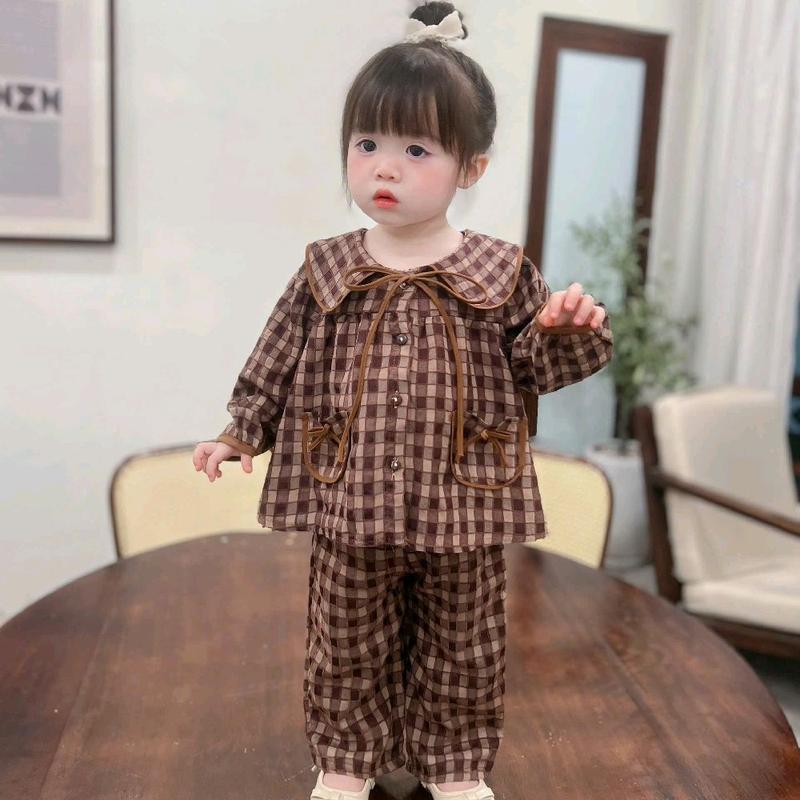 [Nhasockids] Bộ quần áo DÀI TAY cho bé gái.  Thiết kế cổ thắt nơ tạo điểm nhấn, phối túi 2 bên điệu đà xinh xắn