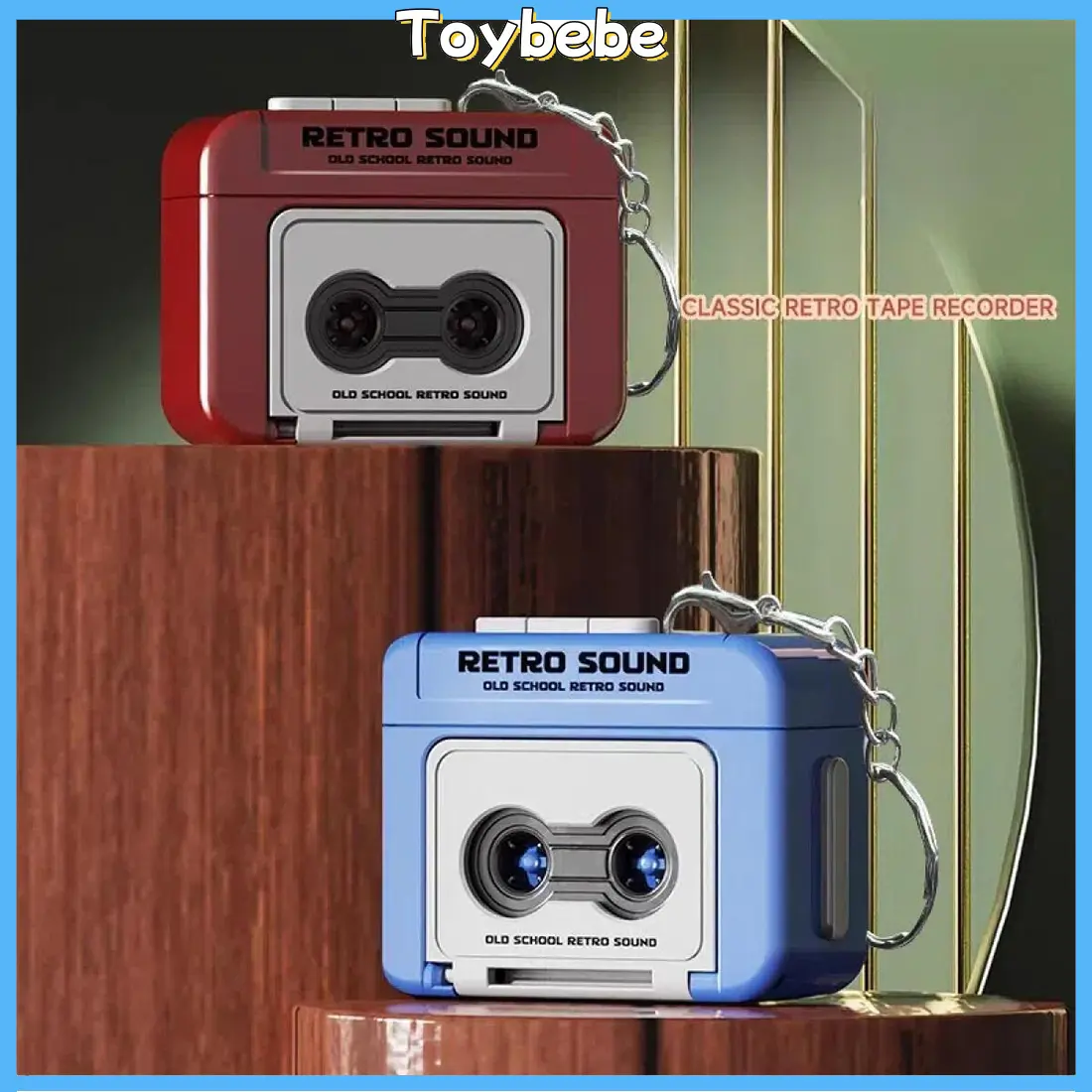 1Pcs-2 Pcs Couple Gantungan kunci rekam lagu unik Versi audio tape recorder Keychain couple Kotak Musik Kayu Gantungan kunci retro sould old school bentuk radio lagu Aksesoris Merah Biru
