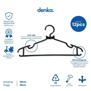 Isi 12 Pcs Hanger Gantungan Baju Pakaian Celana Laundry Serbaguna Plastik Dewasa Dan Anak 36x18 Warna Hitam