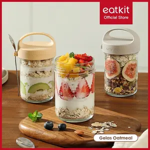 Eatkit Gelas Kaca Oatmeal 350ml Dengan Tutup Anti Tumpah Free Sendok Stainless Glass Tumbler Wadah Biru Kuning