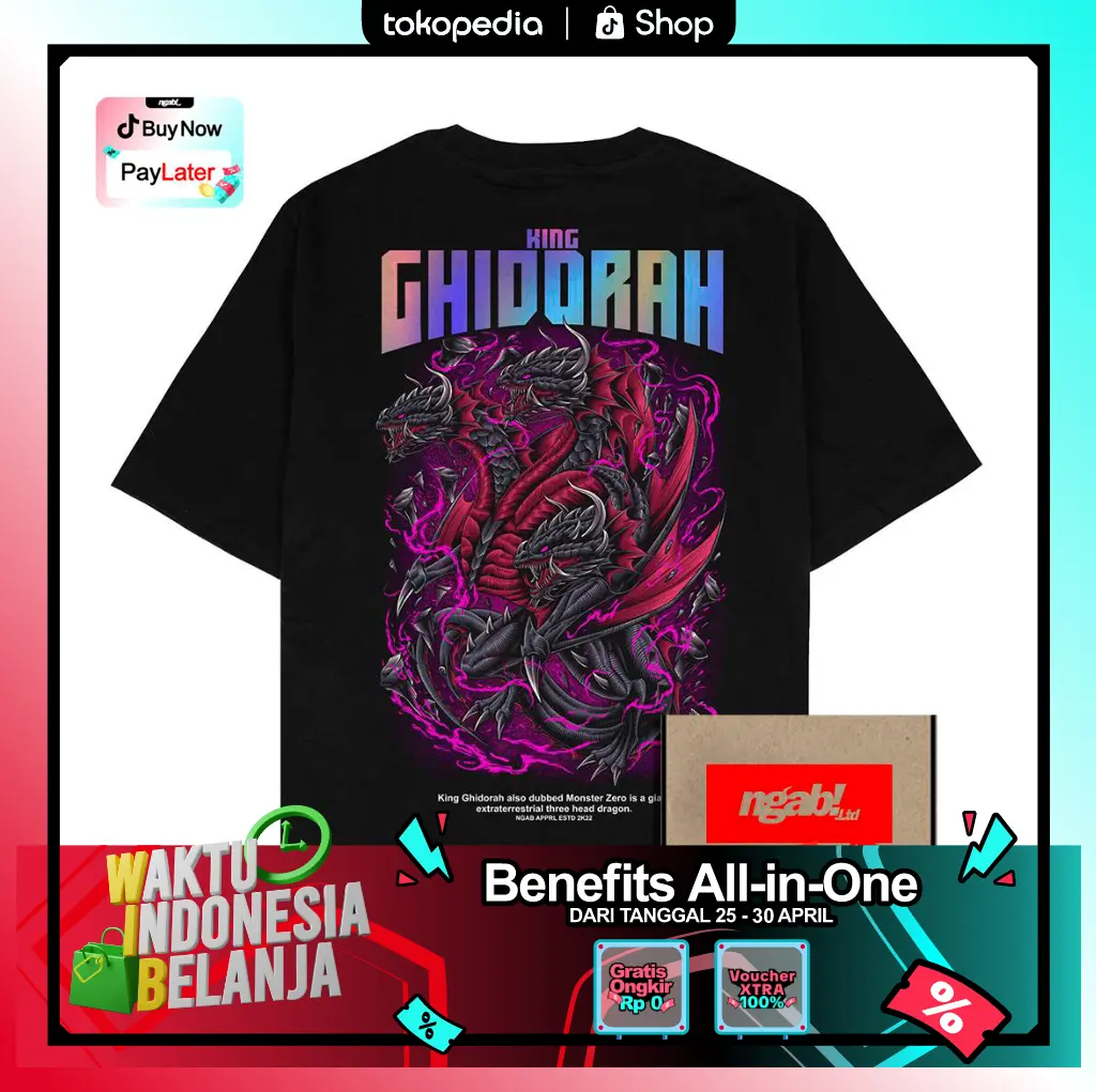 (Gratis Stiker) Ngab Kaos Baju Dewasa Sablon Reflective Rainbow King Ghidorah Hitam NB114 Unisex Pria Wanita Cotton Combed 24s