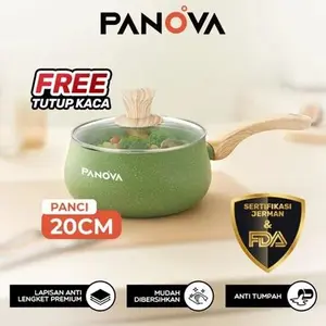 【EXCLUSIVE CELYHOME】PANOVA Panci Anti Lengket 20cm Include Tutup Kaca Non-Stick Pan Serbaguna Green Series Stainless Food Grade Teflon Wooden Handle Kayu Multifungsi BKE41201