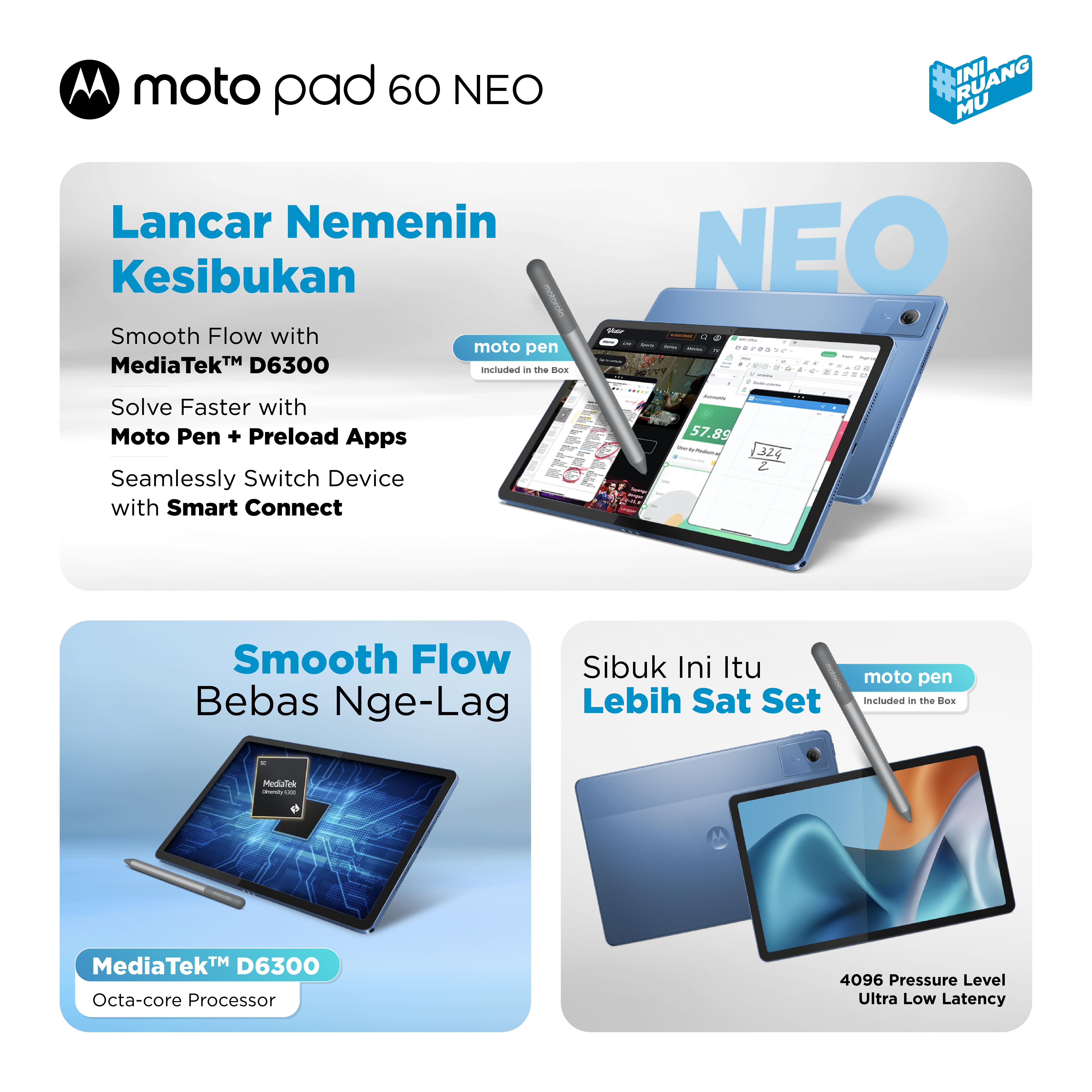 [Exclusive Baim Wong] Motopad 60 Neo - 4GB/128GB - MediaTek Dimensity 6300 - 11" IPS 500nits Anti-fingerprint - Dolby Atmos - 7040mAh - Malibu Blue - With Moto Pen