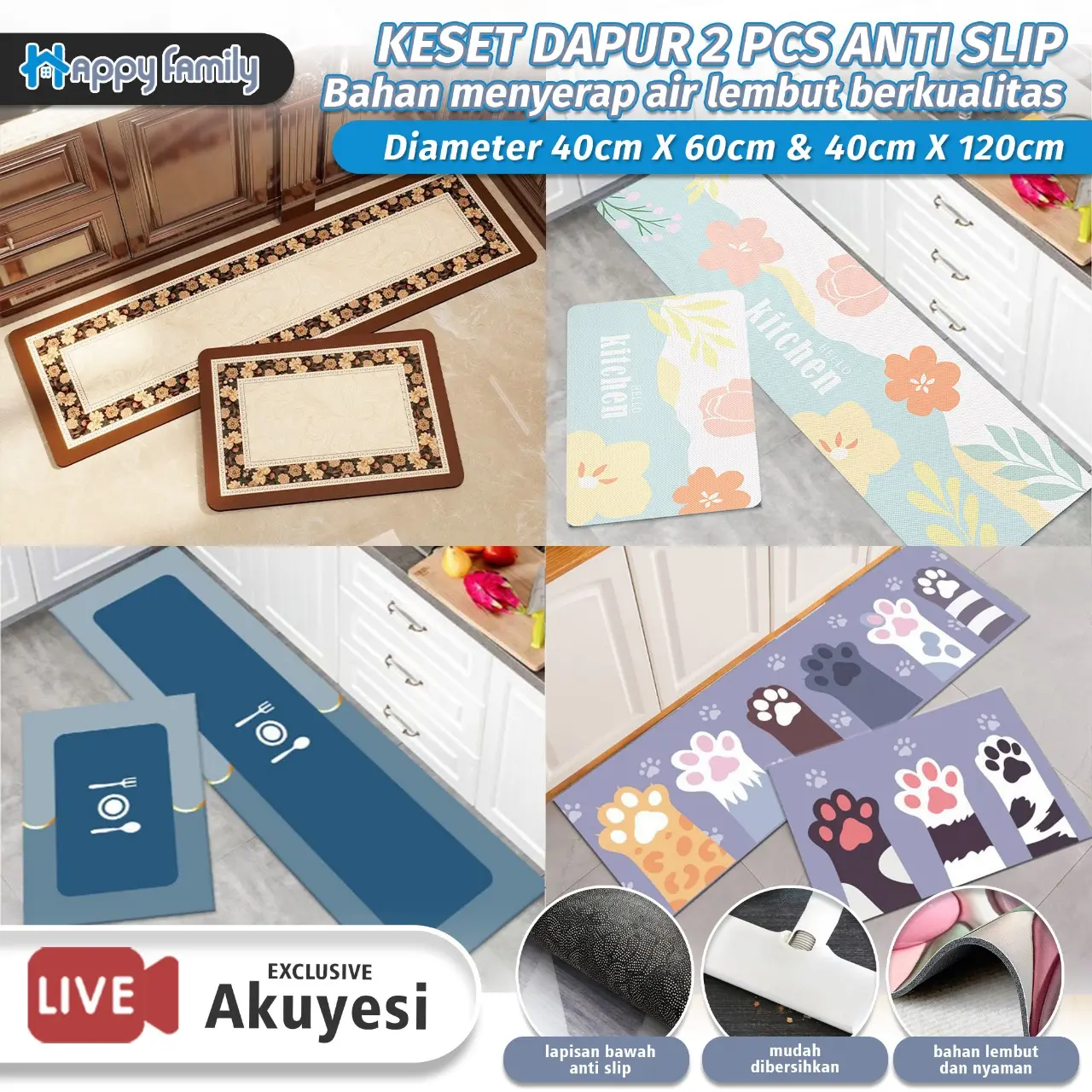 (HF) X AKUYESI Keset Lantai Dapur 2in1 Kitchen Karet Anti Slip 40x60cm & 40x120cm