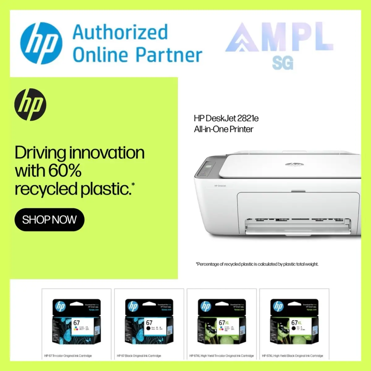 HP DeskJet Color 2821e | Print,Scan,Copy,Wireless | Orderable ink HP 67,67x | 588N4A | • 1 year onsite exchange warranty by HP Singapore Direct | white gray | DJ2821 D2821 2821 2821e