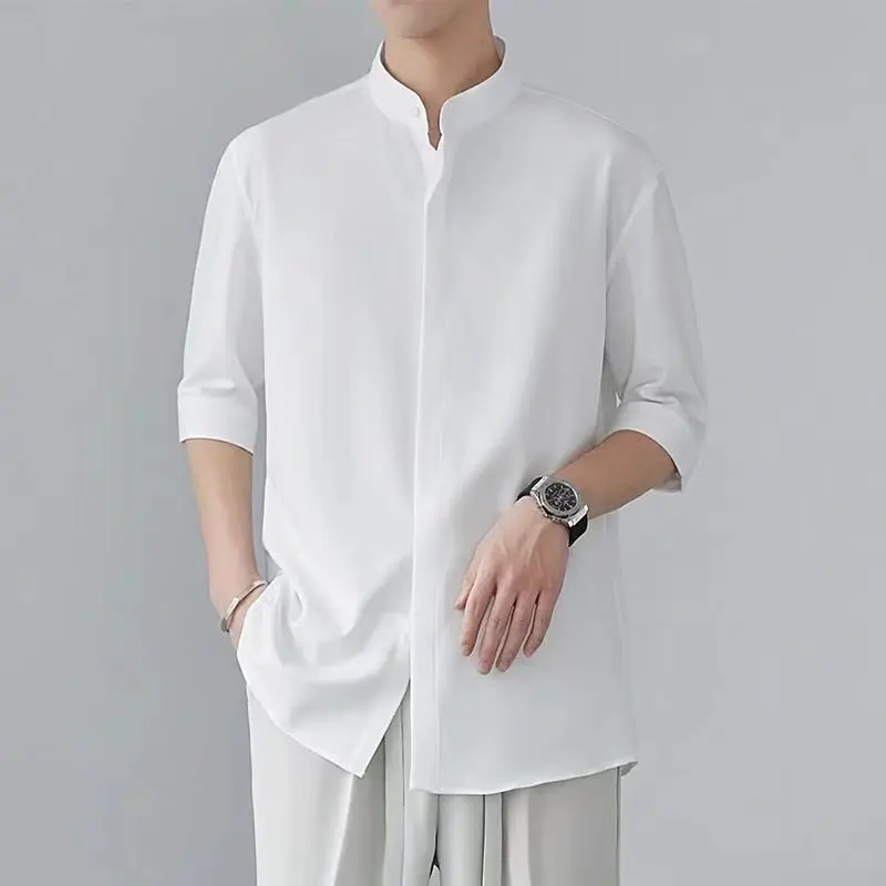 New men's ice silk drape feeling half sleeved shirt solid color high-end feeling hidden buttons short sleeved top fashionable and handsome simple and versatile commuting men's clothing