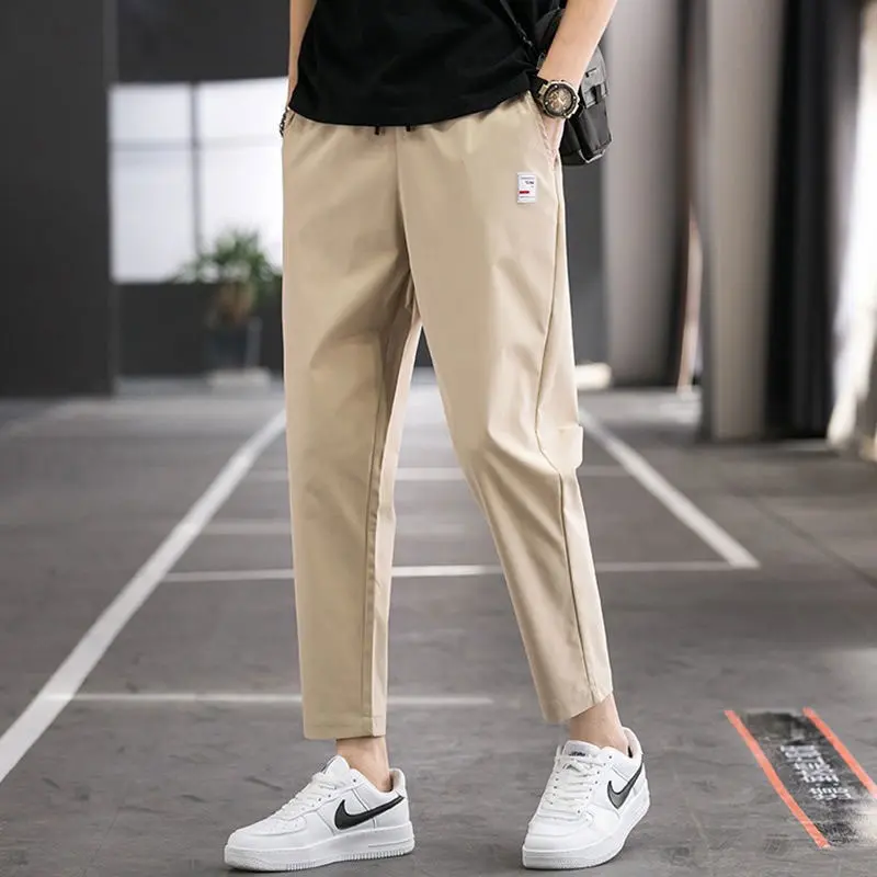 Long Pants Men Ankle Pants Elastic Waistline Pants Korean Slim Fit Trousers with Back Pocket