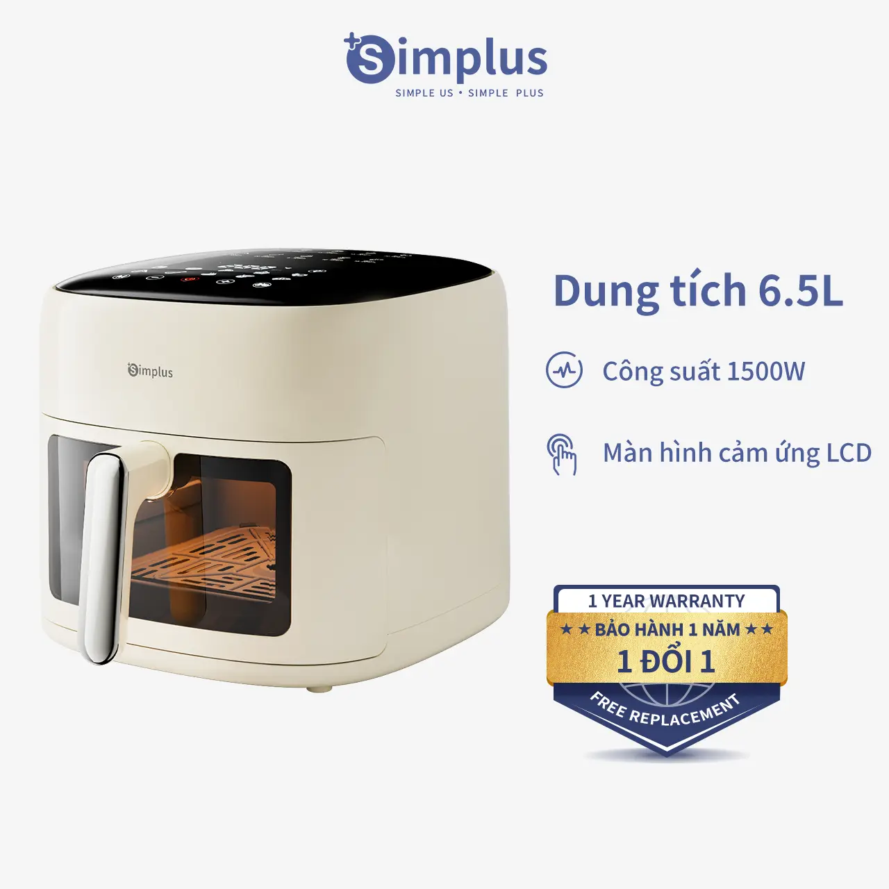 SimplusVN Nồi Chiên Không Dầu Cảm Ứng 6.5L KQZG018, Công Suất 1500W, Cửa Sổ Trực Quan, 10 Menu Cài Sẵn, Bảo Hành 1 Năm Chỉ Đổi Không Đổi