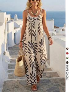 Mono casual estampado con tirantes para mujer, adecuado para desplazamientos diarios, vacaciones y estilo bohemio.