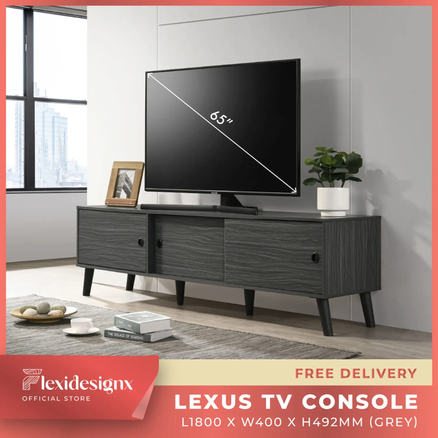 TV Console 180cm / 6ft Tv Cabinet Media Storage 2 Sliding Door 1 Swing Door Flexidesignx LEXUS