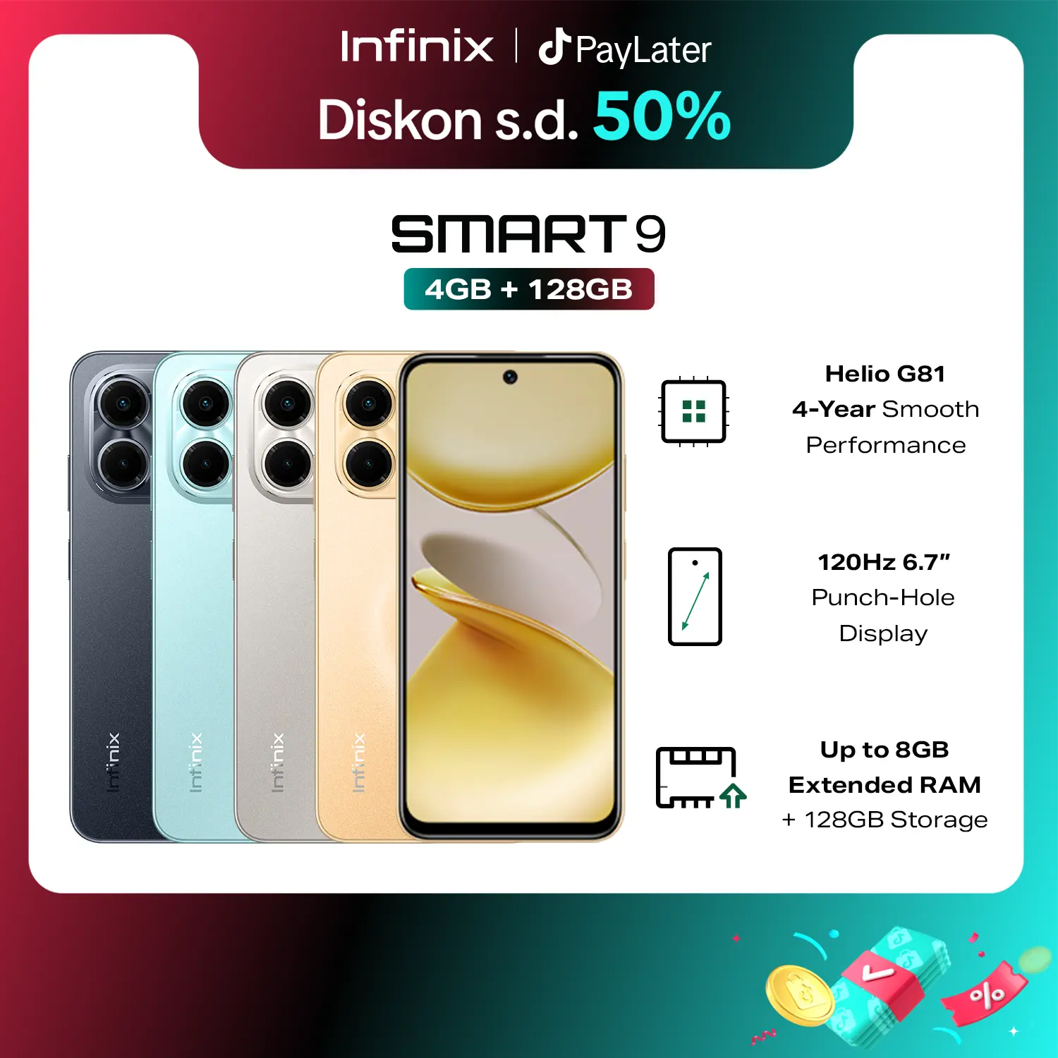 Infinix Smart 9 4/128GB - Up to 8GB Extended RAM - 6.7 inch 120Hz Punch Hole Display - Helio G81 - 5000 mAh