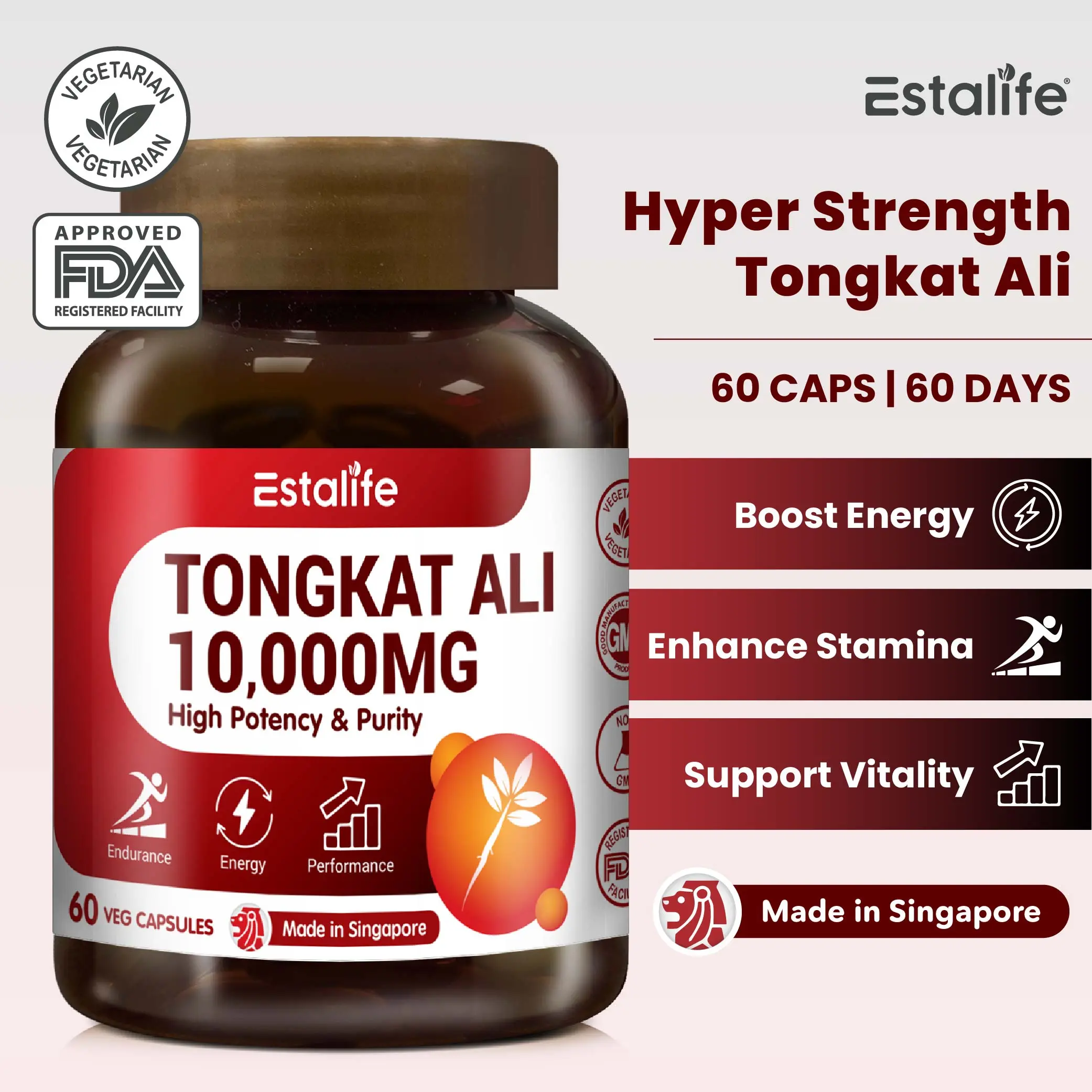 Estalife Tongkat Ali 10000MG - Male Performance Enhancement - 60s Healthcare Supplement - Fitness, Edible