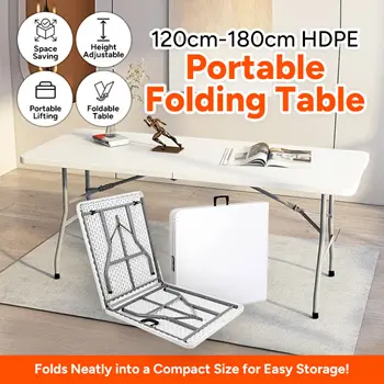 【SG Stock】120cm | 152cm | 180cm HDPE Folding Table | Study Table | Foldable Portable Outdoor Table | Office | Multi-purpose | Indoor | Adjustable | Plastic | Furniture