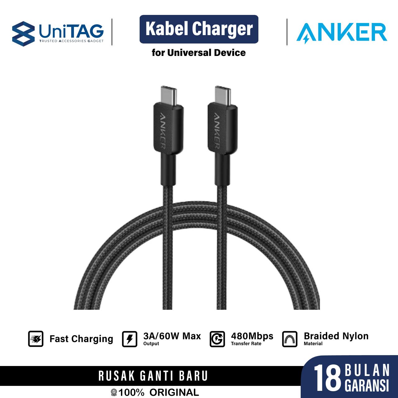 Anker Kabel Charger USB C - USB C 60W Braided 0.9m 322 Powerline - White A81F5H21