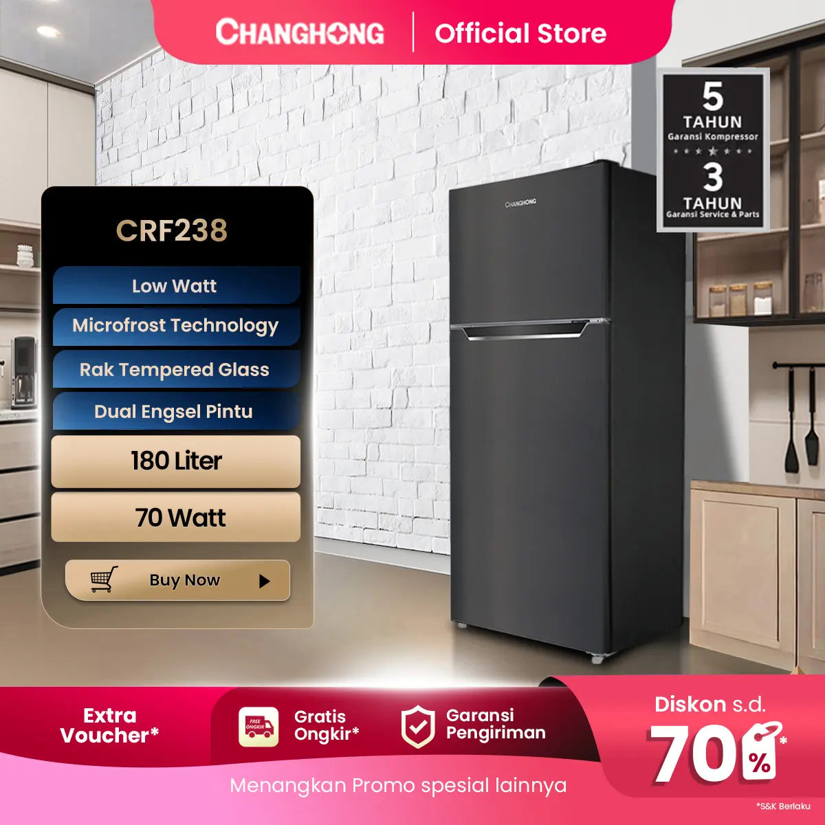 Changhong  Kulkas Lemari Es 2 Pintu Refrigerator Kapasitas 180 Liter Pendingin Makanan & Minuman - CRF238 Black gap 45