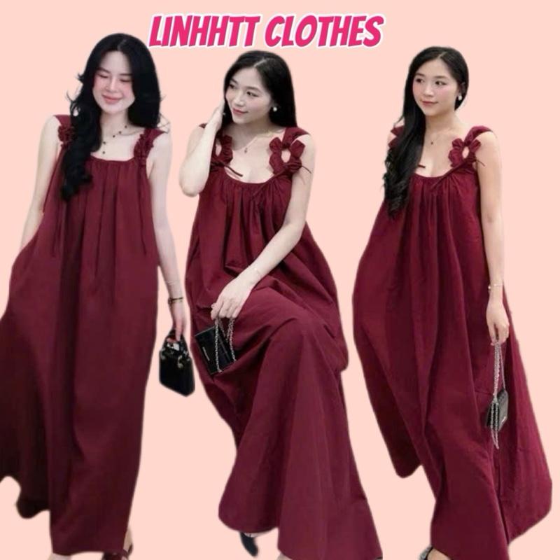 Váy maxi hai dây bản to phối hoa chất linen có túi hai bên thanh lịch sang…