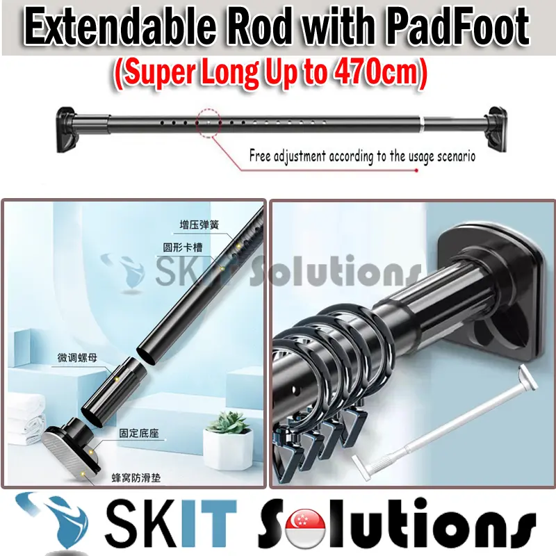 【SKIT SG】Super Long Curtain Rod Pole Laundry Shower, Up to 470cm, NO DRILL HOLE Practical Stainless Steel Round Head Extendable Telescopic Multifunctional Tension Rod for Window Curtain, Bathroom, Balcony, Kitchen, Living bedroom,
