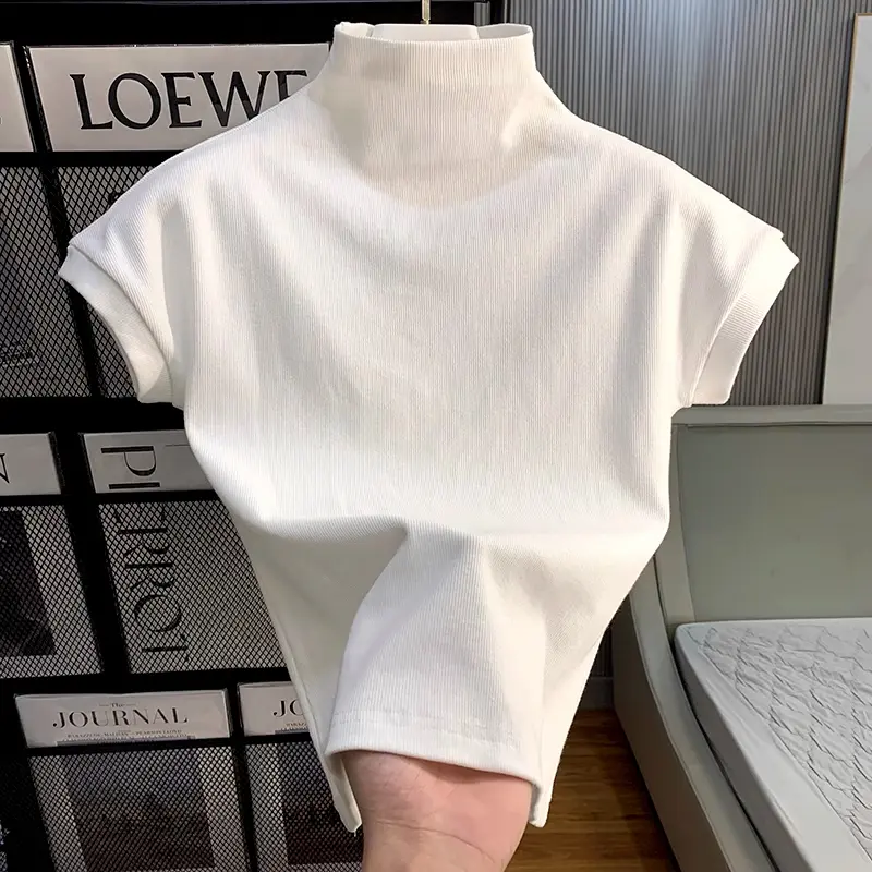 T-shirt Turtleneck Berusuk Atasan Kerah Tegak Lengan Pendek Putih Wanita
