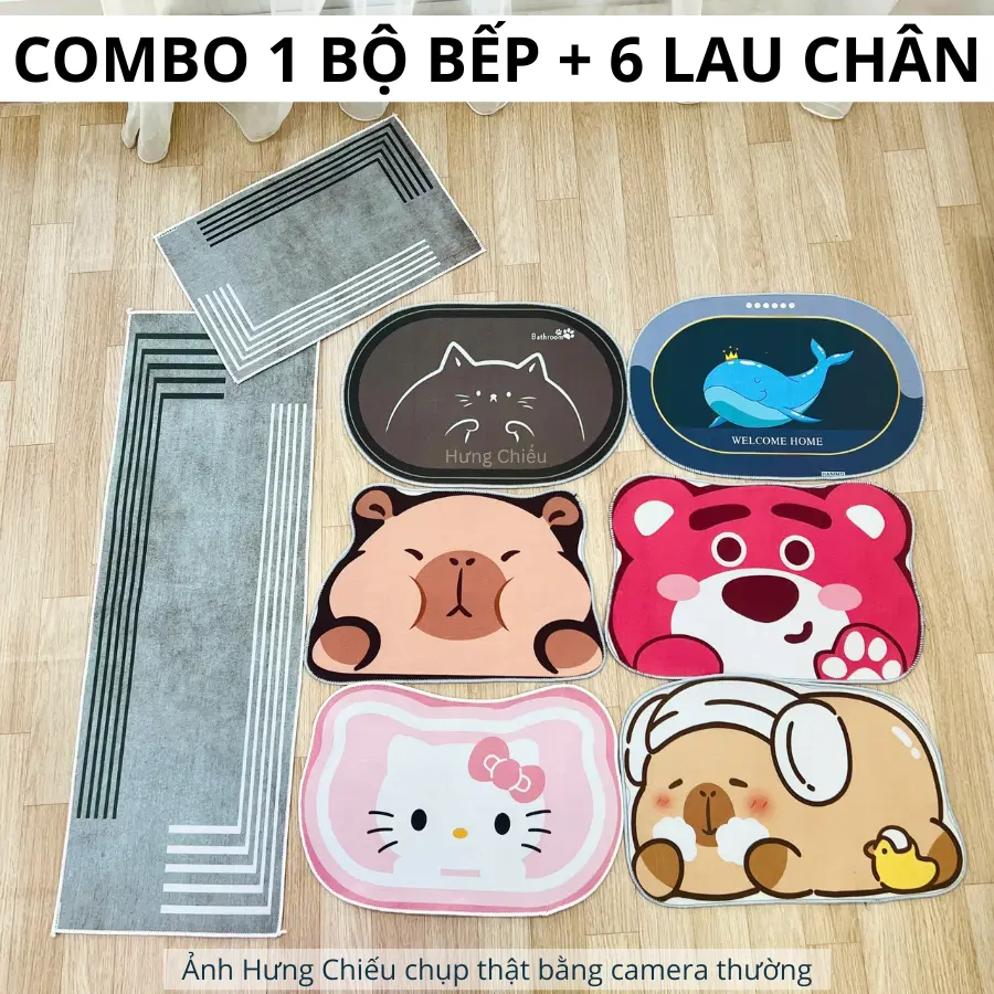 Combo 1 thảm bếp bộ 2 tấm và 6 thảm lau chân hình thú chất nỉ lỉ, êm chân, dễ vệ sinh, chống trượt, hút nước sàn nhà ED15