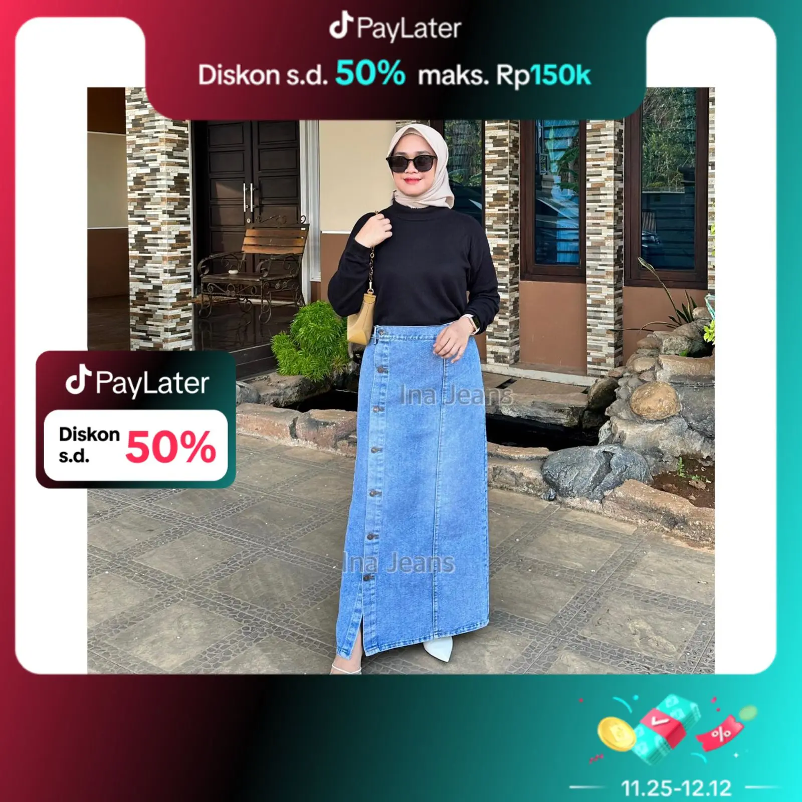 Long Dolita Skirt - Rok Jeans Panjang Wanita Bahan Non Stretch Premium Maxy Skirt Premium Kancing Karet Tebal Samping  Denim