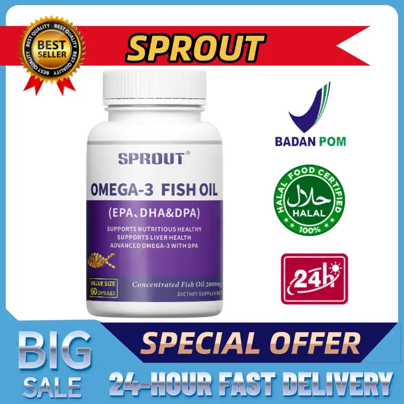 Suplemen Minyak Ikan Omega-3 2000 Mg Dengan Epa, Dha & Dpa Untuk Mendukung Kesehatan Otak & Hati, 60 Kapsul