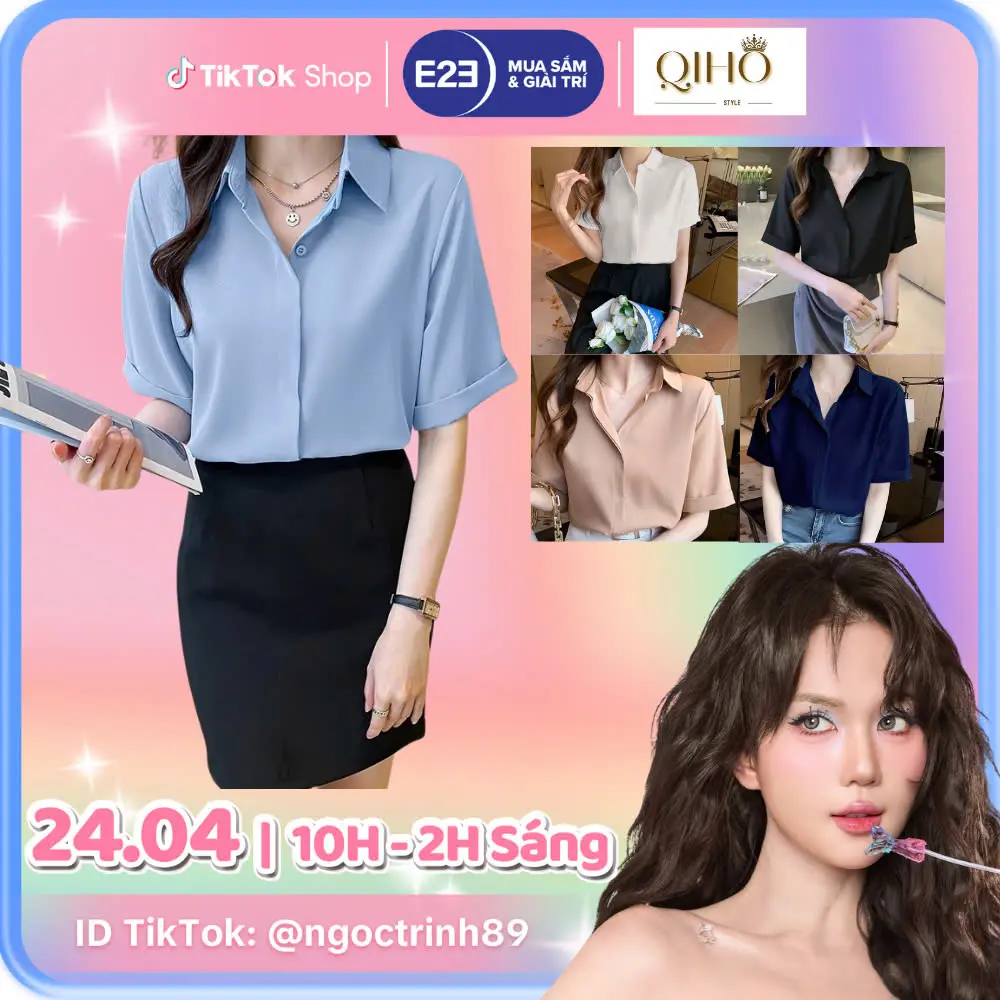 [A13] Áo Sơ Mi Ngắn Tay Nẹp Giấu Cúc Phong Cách Hàn Quốc Qiho  - Women, Nữ Top