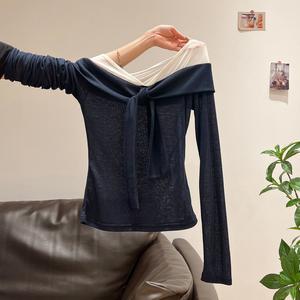 Áo Thun Dài Tay, Dành Cho Nữ, Một Vai, Lưới Chắp Vá, Thiết Kế Colorblock, Có Cà Vạt, Dáng Ôm, Thích Hợp Cho Mùa Thu Và Mùa Đông, Quần Áo Thời Trang Nữ, 3331