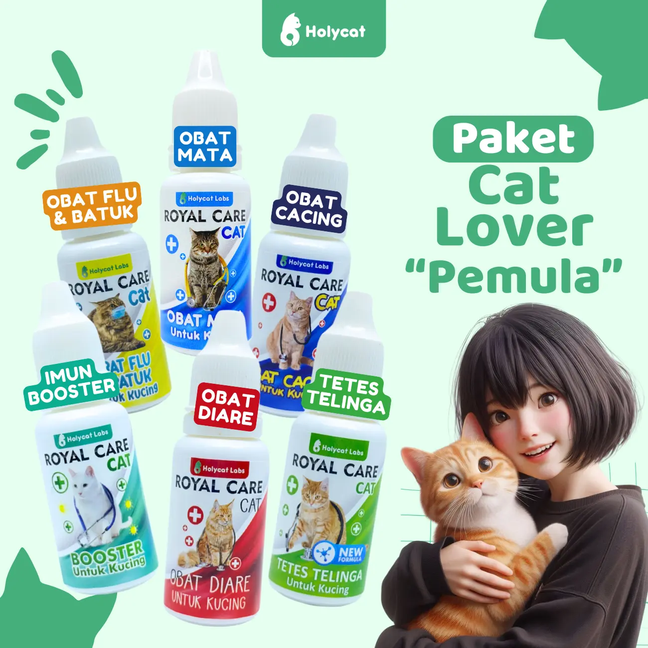 Holycatlabs Paket Cat Lover P3K Isi 6 Obat dan Vitamin | ROYAL CARE Isi Obat Mata Imun Diare Cacing Telinga Flu